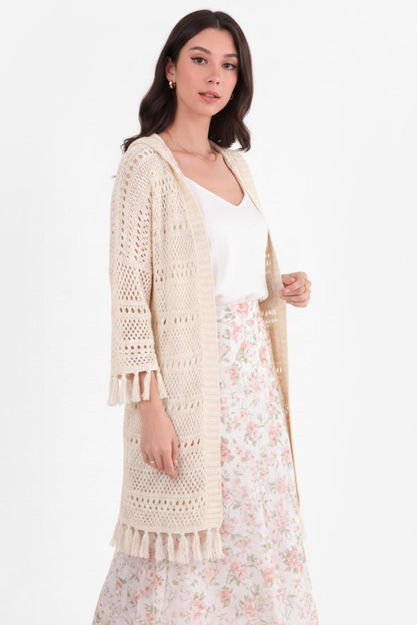Capuchon Opengebreide Cardigan Met Fringe — Stone