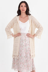Capuchon Opengebreide Cardigan Met Fringe — Stone