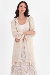 Capuchon Opengebreide Cardigan Met Fringe — Stone