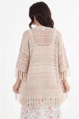 Capuchon Opengebreide Cardigan Met Fringe — Stone