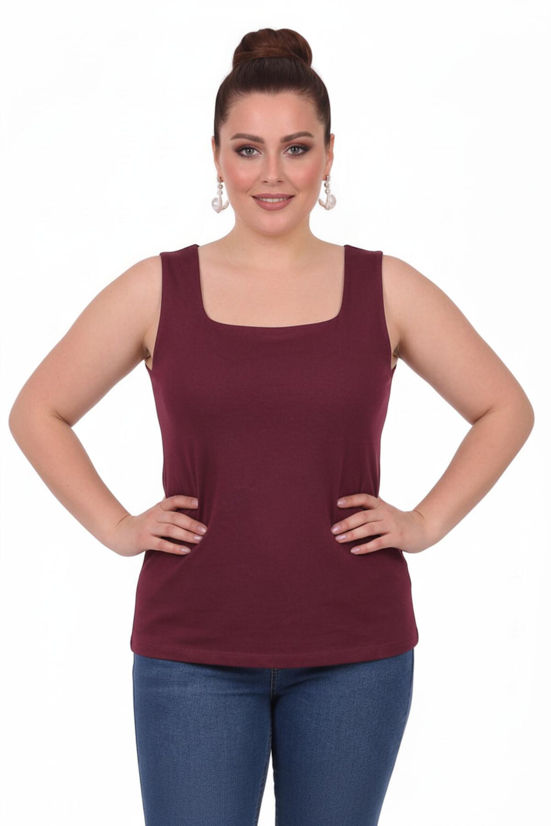Plus - Size Top Met Vierkante Halslijn En Voering — Bordeaux