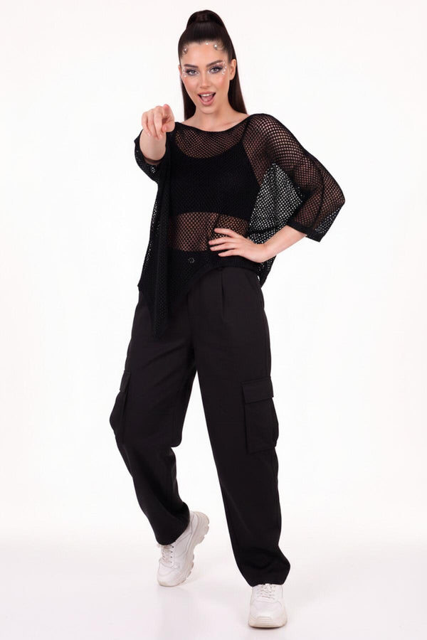 Glitter Mesh Gebreide Top — Zwart
