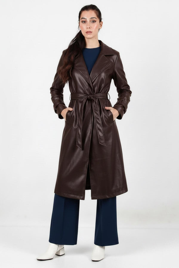 Langer Kunstleder - Trench Mit Gürtel – Braun