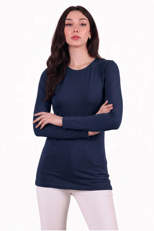 Navy Lange Mouw Katoen Top Met Ronde Hals