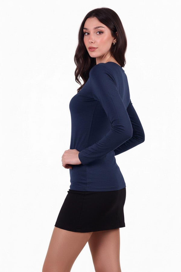 Navy Lange Mouw Katoen Top Met Ronde Hals