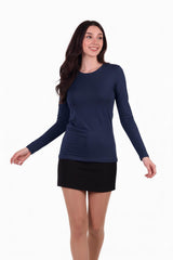 Navy Lange Mouw Katoen Top Met Ronde Hals