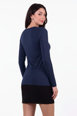 Navy Lange Mouw Katoen Top Met Ronde Hals