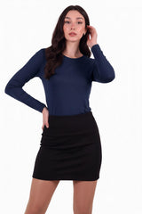 Navy Lange Mouw Katoen Top Met Ronde Hals
