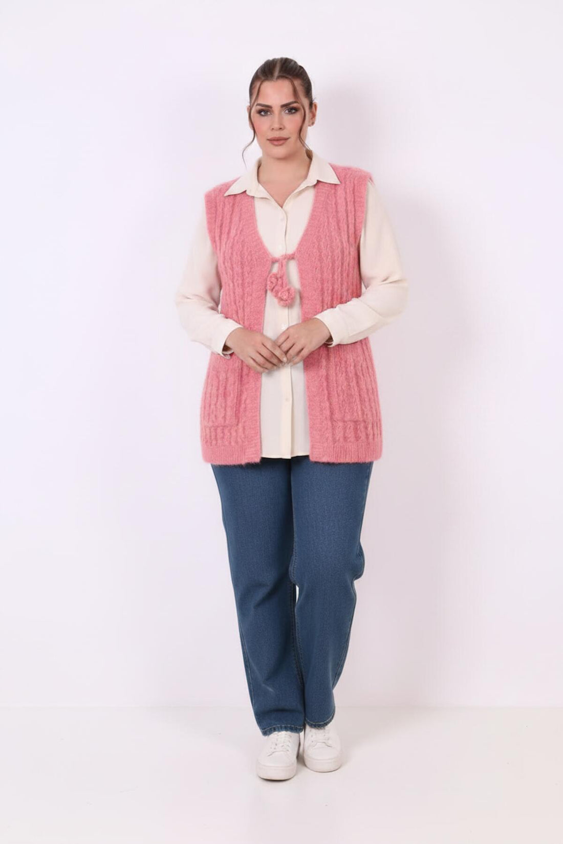 Plus - Size Gebreid Gilet Met Taillestrik — Roze