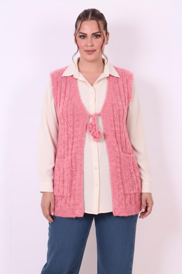 Plus - Size Gebreid Gilet Met Taillestrik — Roze