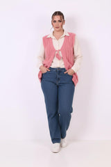 Plus - Size Gebreid Gilet Met Taillestrik — Roze