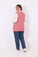 Plus - Size Gebreid Gilet Met Taillestrik — Roze