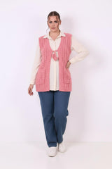 Plus - Size Gebreid Gilet Met Taillestrik — Roze