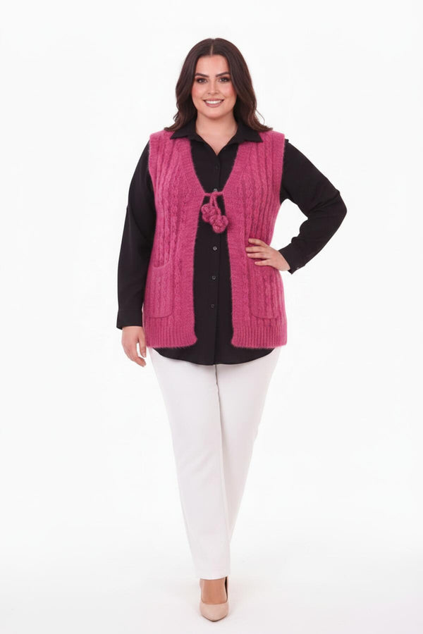 Plus - Size Gebreid Gilet Met Taillestrik — Fuchsia
