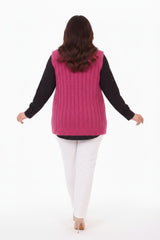Plus - Size Gebreid Gilet Met Taillestrik — Fuchsia
