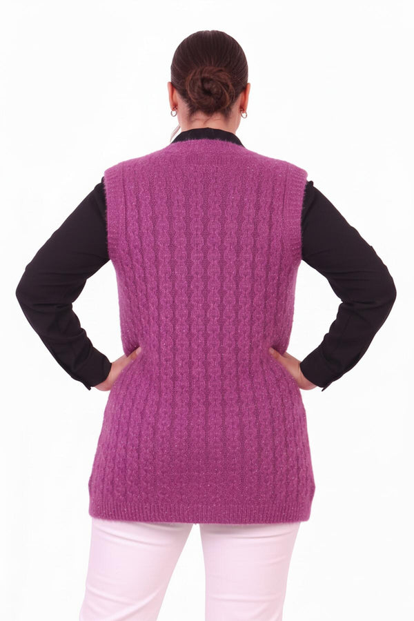 Plus - Size Gebreid Gilet Met Taillekoord – Paars