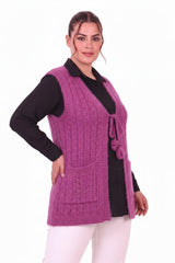 Plus - Size Gebreid Gilet Met Taillekoord – Paars