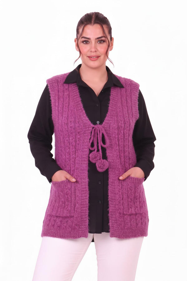 Plus - Size Gebreid Gilet Met Taillekoord – Paars