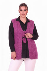 Plus - Size Gebreid Gilet Met Taillekoord – Paars