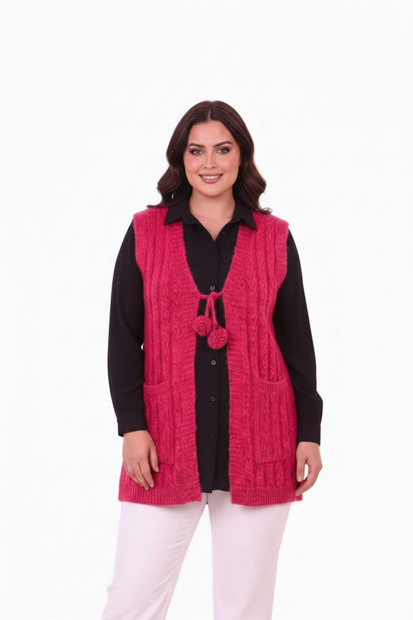 Plus - Size Gebreid Gilet Met Taillekoord – Kersrood