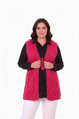 Plus - Size Gebreid Gilet Met Taillekoord – Kersrood