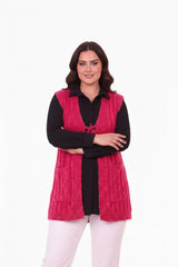 Plus - Size Gebreid Gilet Met Taillekoord – Kersrood