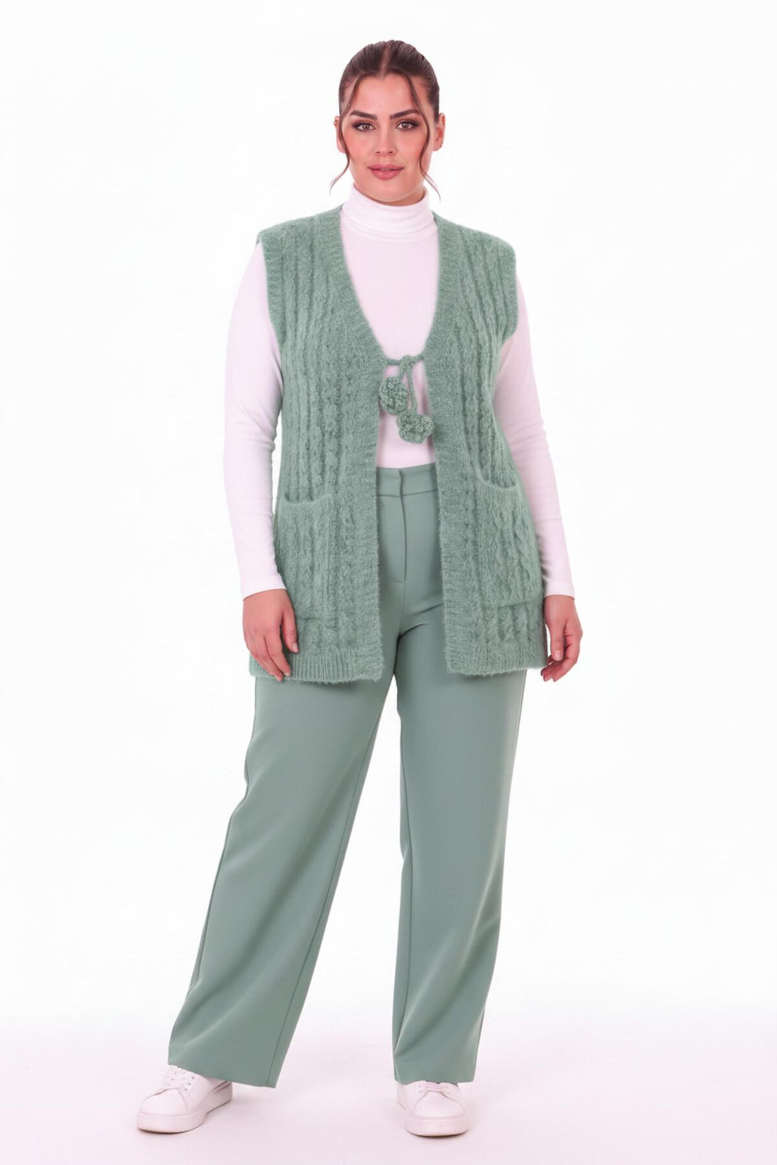 Plus - Size Gebreid Gilet Met Taillekoord – Groen