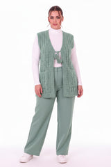 Plus - Size Gebreid Gilet Met Taillekoord – Groen