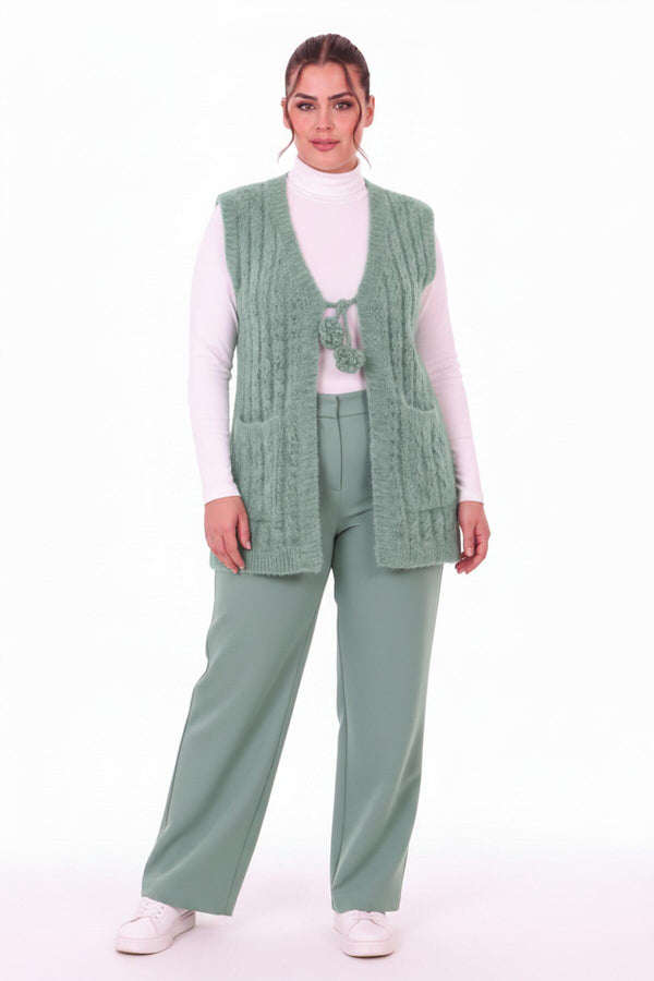 Plus - Size Gebreid Gilet Met Taillekoord – Groen