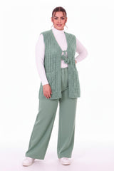 Plus - Size Gebreid Gilet Met Taillekoord – Groen