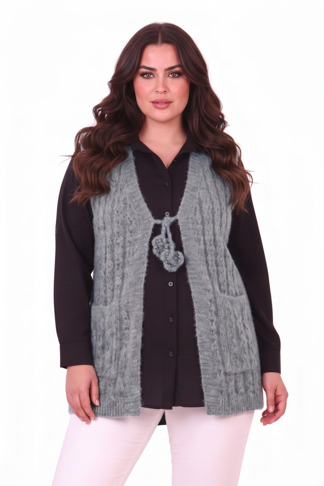 Gebreid Vest Met Taillestrik — Plus Size, Blauw