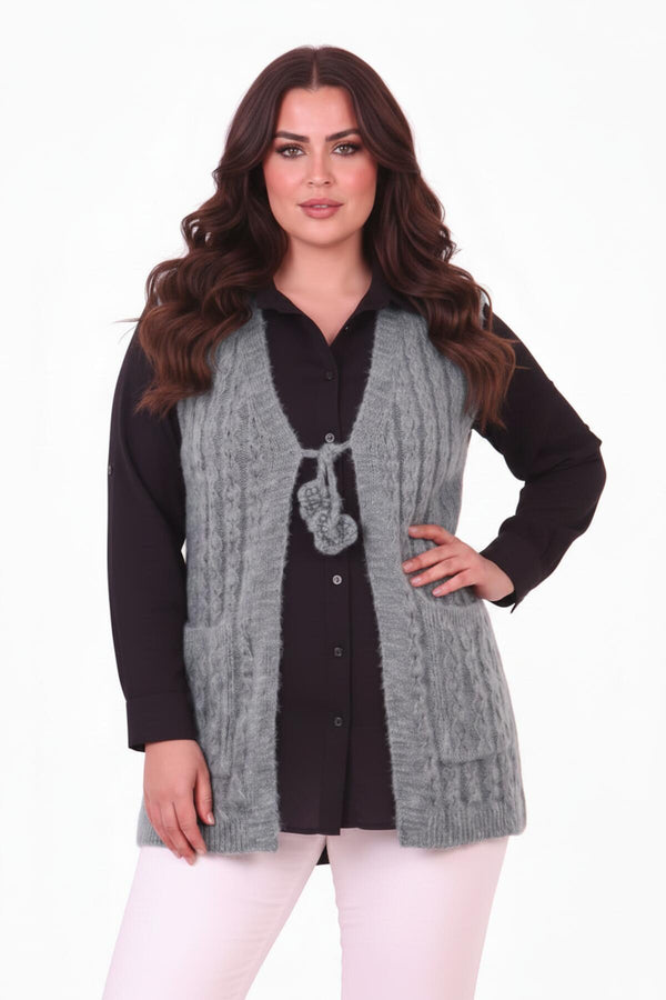 Gebreid Vest Met Taillestrik — Plus Size, Blauw
