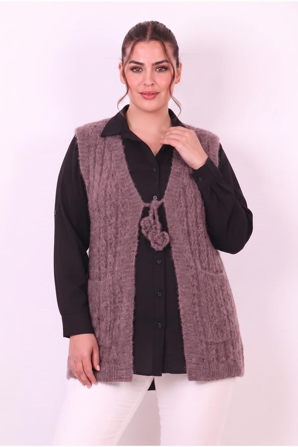 Gebreid Vest Met Taillestrik — Plus Size, Pruim