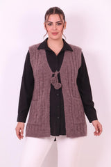 Gebreid Vest Met Taillestrik — Plus Size, Pruim