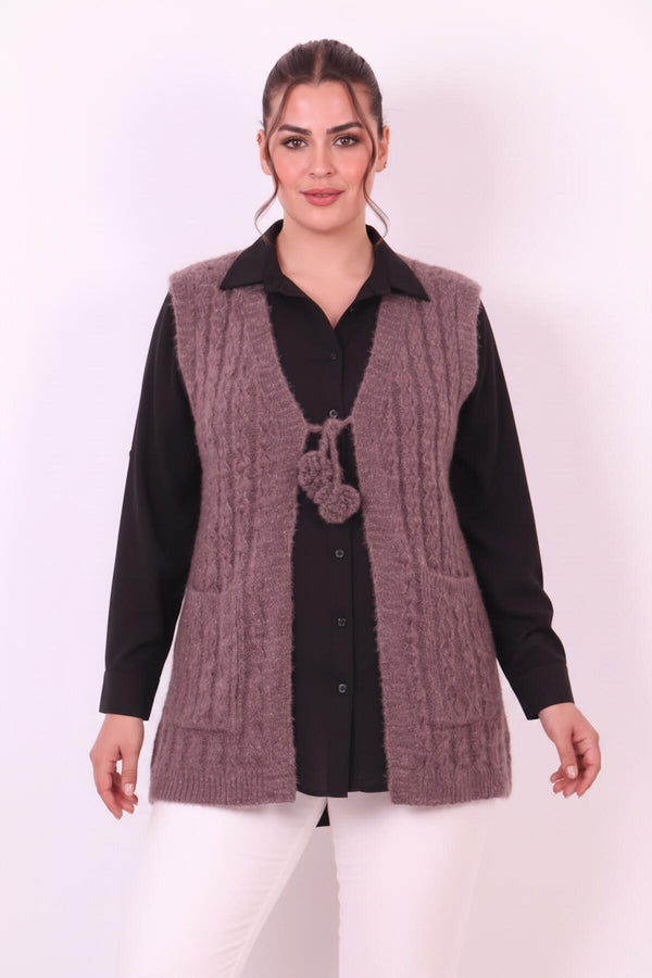 Gebreid Vest Met Taillestrik — Plus Size, Pruim