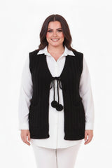 Gebreide Gilet Met Taillestrik, Zwart – Grote Maten