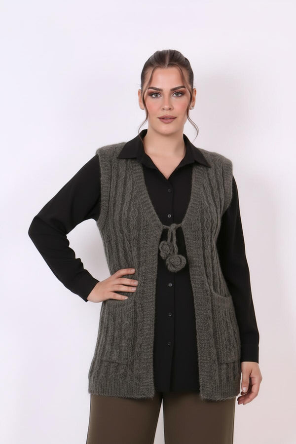 Gebreide Gilet Met Taillestrik, Antraciet – Grote Maten