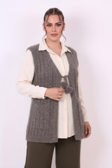 Gebreide Gilet Met Taillestrik, Grijs – Grote Maten