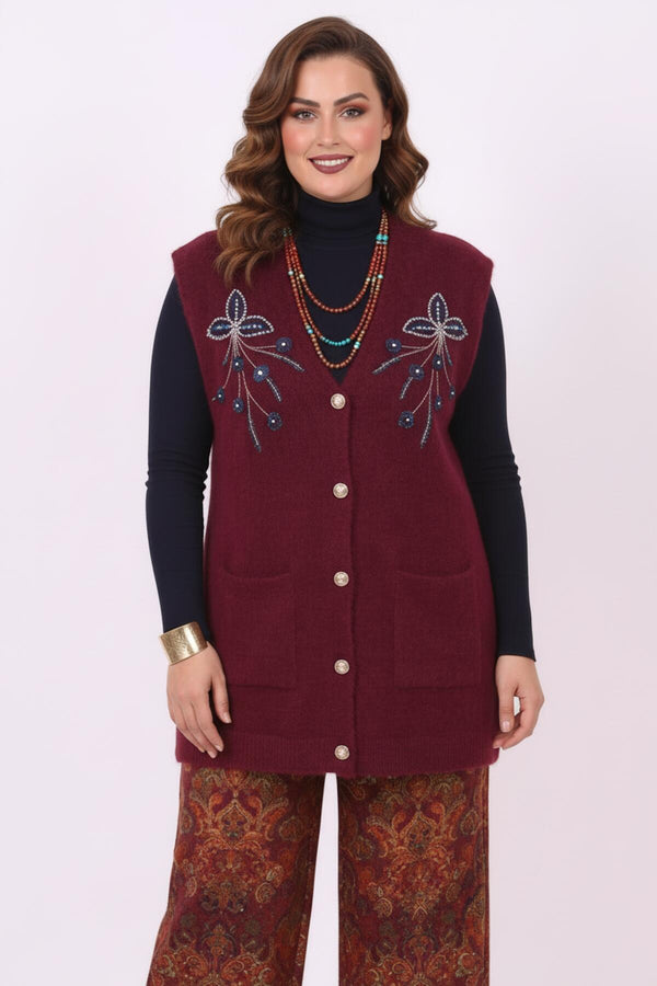 Plus - Size Lang Gebreid Vest Met Bloemen - En Kralenborduursel — Bordeaux