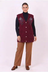 Plus - Size Lang Gebreid Vest Met Bloemen - En Kralenborduursel — Bordeaux