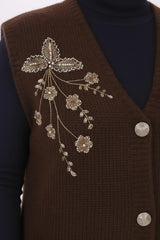 Strickweste Mit Blumen - Perlenstickerei Und Frontbindeelement – Große Größen – Braun