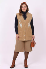 Plus - Size Floral Stone - Embellished Knit Vest — Beige