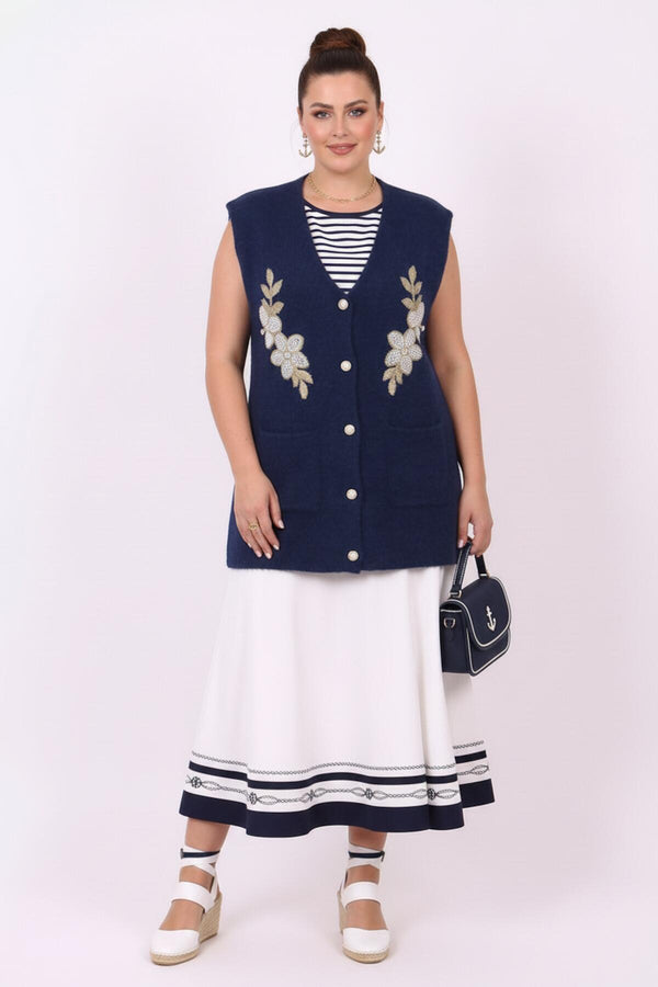 Große Größen Strickweste Mit Blumen - Und Schmucksteinbesatz – Marineblau
