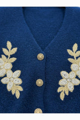 Große Größen Strickweste Mit Blumen - Und Schmucksteinbesatz – Marineblau