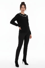 Brushed Knit Sweater With Seashell Neckline — Black