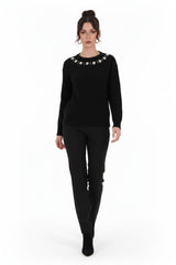 Brushed Knit Sweater With Seashell Neckline — Black