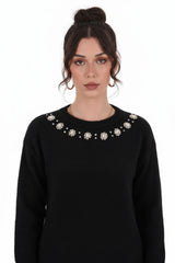 Brushed Knit Sweater With Seashell Neckline — Black