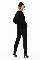 Brushed Knit Sweater With Seashell Neckline — Black