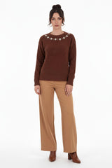Brushed Knit Sweater With Seashell Neckline — Brown