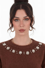 Brushed Knit Sweater With Seashell Neckline — Brown
